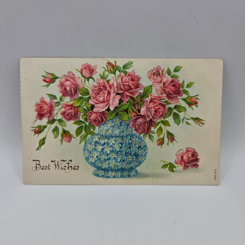 Vintage Best Wishes Pink Roses Blue Vase Embossed‎ Postcard SER. 575